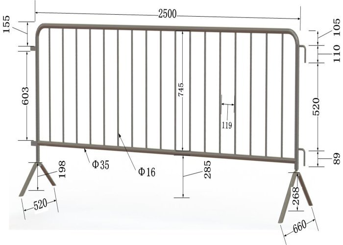 2500mm wide, heavy-duty crowd control fence with a 35mm diameter frame, suitable for high-traffic areas. The design includes a stable flat foot base and vertical infill bars for crowd flow management at construction zones or sports events.