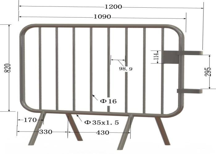 A compact 1200mm wide barrier designed for smaller areas or entrance management. It has a strong 35mm × 1.5mm frame tube with Φ16mm infill bars, making it lightweight and easy to deploy with angled feet for stability.