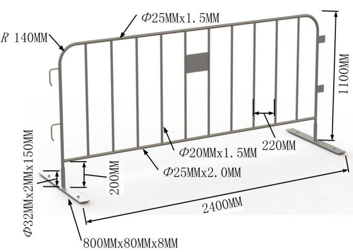 A heavy-duty crowd control fence, measuring 2400mm in width and 1100mm in height, featuring round frame tubes (Φ25mm × 1.5mm) and reinforced feet (800mm × 80mm × 8mm flat base). This model provides enhanced durability for construction sites and traffic management areas.