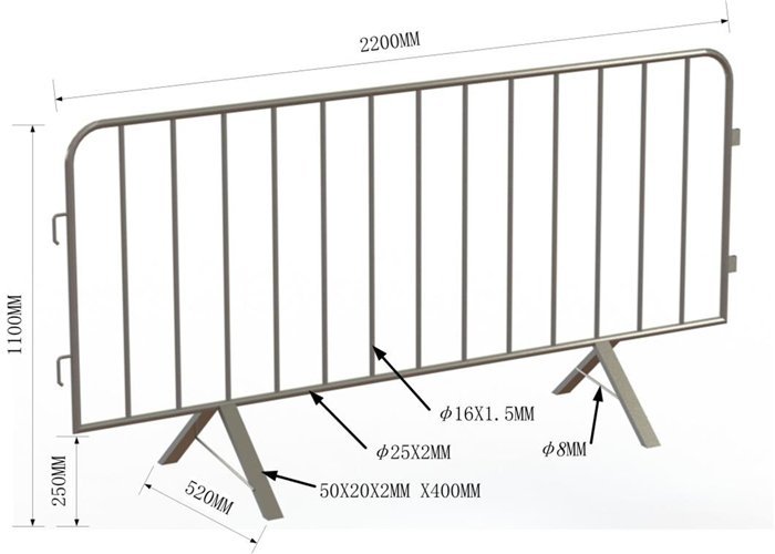  2200mm wide and 1100mm high crowd control barrier with vertical infill bars, angled feet for stability, and hooks on the side for easy interlocking. This fence is ideal for pedestrian control at public events and festivals.